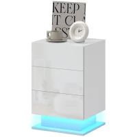HOMCOM Comodino Moderno con Luce LED Regolabile con Telecomando e 3 Cassetti, 40x35x60 cm, Bianco Lucido(m-10)