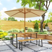 Outsunny 3-delige houten zitgroep voor 6 personen met eettafel en 2 banken, parasolgat, 178 x 76 x 77 cm, natuurlijk hout(m-8)