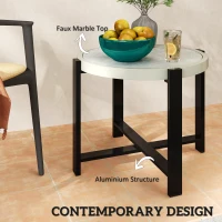 Outsunny Round Small Garden Table, 60cm Outdoor Side Table with Faux Marble Tempered Glass Top, Aluminium Frame for Garden, Patio, Balcony, Light Grey(m-4)