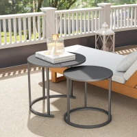 Outsunny 2er Set Beistelltisch Stapelbar Gartentisch Rund wetterfest Balkontisch aus Stahl platzsparend Dunkelgrau(m-8)
