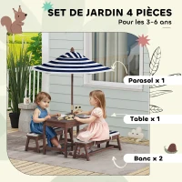 AIYAPLAY Ensemble salon de jardin extérieur enfant avec coussins et parasol amovible, rayé bleu marine et blanc(m-4)