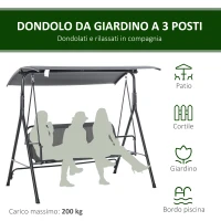 Outsunny Dondolo 3 Posti con Tettuccio Inclinabile e Cuscini, in Acciaio e Poliestere, 172x110x153 cm, Grigio(m-7)