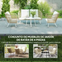 Outsunny Conjunto de Jardín de 4 Piezas con Sofá Sillones y Mesa de Ratán Sintético Cojines Cómodos y Resistente a Rayos UV(m-4)