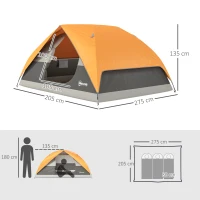 Outsunny Tenda de Campismo para 2-3 Pessoas Dobrável com Bolsa de Transporte Fácil Instalação 205x275x135 cm Laranja e Cinza(m-3)
