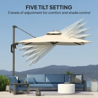 Outsunny 3.7 x 2.7 m Cantilever Parasol w/360° Rotation and Easy Tilt Adjustment, Aluminium Hanging Offset Outdoor Umbrella w/Double Top, Cross Base, UPF50+ Hanging Sun Shade, Grey Wood Effect Pole(m-6)