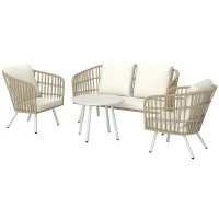 Outsunny Conjunto de Jardín de 4 Piezas con Sofá Sillones y Mesa de Ratán Sintético Cojines Cómodos y Resistente a Rayos UV(m-11)