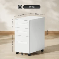 Vinsetto Dulap cu Sertare pentru Birou cu 5 Roți, 3 Sertare cu Încuietoare și Chei, 30x43.5x60 cm, Alb(m-3)