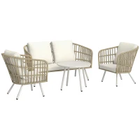 Outsunny Conjunto de Jardim em Vime Sintético de 4 Peças com Sofá de 2 Lugares 2 Poltronas 1 Mesa de Centro Creme e Madeira(m-10)