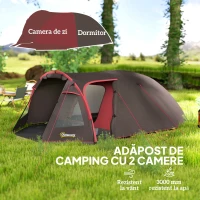 Outsunny Cort de Camping pentru 2-4 Persoane cu 2 Camere, Uși Duble și Geantă de Transport, 360x250x130 cm, Gri(m-4)