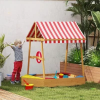 AIYAPLAY Arenero Infantil de Madera en Forma de Barco con Toldo Ajustable Timón y Forro de Base para Juegos al Aire Libre Natural(m-2)