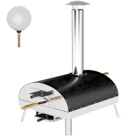 Outsunny Mini Forno de Pizza Exterior Portátil Forno a Lenha com Pedra Refratária Ø33 cm Termómetro e Bandeja Giratória 84x47x82 cm Prata(m-11)