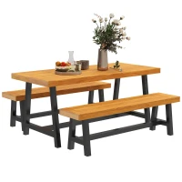 Outsunny Sitzgruppe 3-teilig Holz Essgruppe für 4 Personen Esstisch mit 2 Bänke Teak(m-11)
