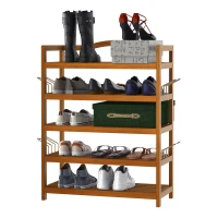 HOMCOM 5-Tier Shoe Rack, Acacia Wooden Shoe Storage Organiser with Hangers, Holds up to 19 Pairs, for Entryway, Living Room, 64 x 26 x 82 cm, Teak(m-9)