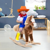 HOMCOM Kids Children Plush Rocking Horse Wooden Base Ride On Toy Rocker with Handle Grip Traditional Toy Fun Gift for Age 3+ (Brown)(m-2)