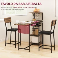 HOMCOM Set Bancone Bar Pieghevole e 2 Sgabelli Alti con Schienale, Portavini e Portacalici, Marrone(m-4)