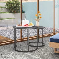 Outsunny 2er Set Beistelltisch Stapelbar Gartentisch Rund wetterfest Balkontisch aus Stahl platzsparend Dunkelgrau(m-9)