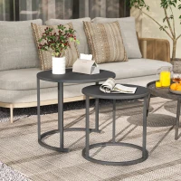 Outsunny 2er Set Beistelltisch Stapelbar Gartentisch Rund wetterfest Balkontisch aus Stahl platzsparend Dunkelgrau(m-2)