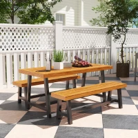 Outsunny Sitzgruppe 3-teilig Holz Essgruppe für 4 Personen Esstisch mit 2 Bänke Teak(m-9)