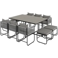 Outsunny 10 Seater Rattan Cube Garden Furniture Set, Rattan Dining Set with Cushions, Outdoor Dining Table and Chairs with 6 Armchairs, 4 Stools, Rectangular Wood Grain Plastic Top Table, Grey(m-1)