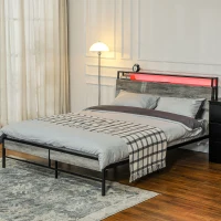 HOMCOM Double Steel Bed Frame, with LED Lights and Headboard Shelf - Grey(m-9)