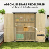 Outsunny Gartenschrank aus Holz und Stahl, Outdoor-Werkzeugschrank mit Asphalt-Dach, 2 Regale, verschließbare Türen, Naturholz(m-7)