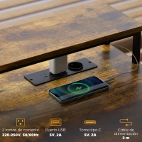 HOMCOM Escritorio Industrial con Luces LED y Estación de Carga con Patas Ajustables y Soporte en X 130x110x91 cm Madera Rústica(m-5)