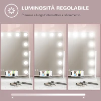 HOMCOM Specchio da Trucco con 14 Luci LED Regolabili e Ricarica USB, in Vetro e Metallo, 62.5x14x49.5 cm, Bianco(m-7)