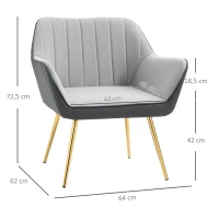 HOMCOM Silla de Cuero Sintético y Terciopelo con Respaldo a Rayas Patas Doradas y Asiento Acolchado para Salón Dormitorio Gris(m-3)