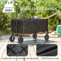 Outsunny Carrito de Jardín Plegable con Ruedas Grandes Mango Ajustable Puerta Trasera Expandible Carga 100 kg para Campaña Negro(m-4)