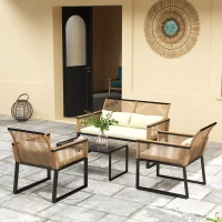 Outsunny Conjunto de Muebles de Jardín 4 Piezas de Ratán Sintético con 2 Sillones Sofá de 2 Plazas Mesa de Café Natural y Crema(m-2)