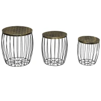Outsunny 3er-Set Couchtische Beistelltische Gartentisch Retro Metallkorb Drahtkorb Garten Satztisch Gartenmöbel Outdoor Balkon Metall Natur+Schwarz 3 Größen(m-13)