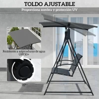 Outsunny Columpio de Jardín de 2 Plazas con Toldo Ajustable y Estructura Triangular de Metal Carga 220 kg 160x112x162 cm Gris(m-4)
