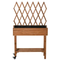 Outsunny Hochbeet, integriertes Spalier, Ablageregal, Räder, Massivholz, braun, 79 x 29 x 130 cm(m-10)