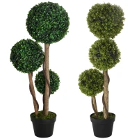 HOMCOM Decorative Artificial Plants Set of 2, Boxwood Ball Topiary Trees in Pot Fake Plants for Home Indoor Outdoor Decor, 90 cm, Dark Green(m-11)