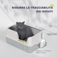 PawHut Lettiera per Gatti con Bordi Rialzati, Vassoio e Paletta, in Acciaio Inox e PP, 60x40x28 cm, Grigio Chiaro(m-6)