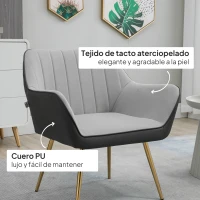 HOMCOM Silla de Cuero Sintético y Terciopelo con Respaldo a Rayas Patas Doradas y Asiento Acolchado para Salón Dormitorio Gris(m-4)