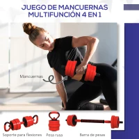 SPORTNOW Kit de Gimnasio 4 en 1 con Barra de Pesas Mancuernas Kettlebell para Entrenamiento de Fuerza en Casa Color Rojo y Negro(m-4)