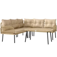 Outsunny Conjunto de Muebles de Jardín de Ratán Sintético de 4 Piezas en Forma de L con Estructura de Acero Cojines y Mesa(m-1)