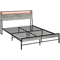 HOMCOM King Steel Bed Frame, with LED Lights and Headboard Shelf - Grey(m-1)