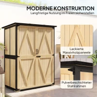 Outsunny Gartenschrank aus Holz und Stahl, Outdoor-Werkzeugschrank mit Asphalt-Dach, 2 Regale, verschließbare Türen, Naturholz(m-4)