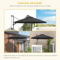 Outsunny Sombrilla de Pared Giratoria 180° con Manivela Estructura Metálica y Ventilación para Jardín Patio Ø292x123 cm Gris(m-8)
