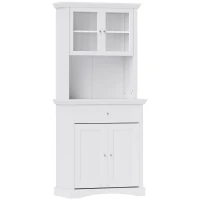 HOMCOM Kitchen Cupboard, Freestanding Storage Cabinet with Glass Doors, Adjustable Shelves, and Open Counter, White(m-1)