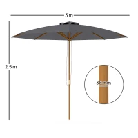 Outsunny 3m Wood Pole Parasol Umbrella - Grey(m-3)