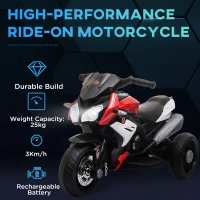 HOMCOM Kids Electric Motorcycle Ride-On Toy, with Three Wheels, Music, Horn, Lights, Red(m-5)
