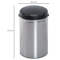 HOMCOM Balde de Lixo Inteligente de Aço Inoxidável 30L com Sensor Infravermelho de Abertura Automática Ø30,5x51,5cm Prata e Preto(m-3)