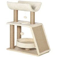 PawHut Mini Rascador para Gatos con Postes de Yute Plataforma en U Cama de Felpa y Juguetes Colgantes 60x30x76 cm Marrón Claro(m-1)
