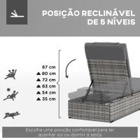 Outsunny Espreguiçadeira de Vime Reclinável para Jardim com Encosto Ajustável em 5 Níveis Mesinha 196x62x35 cm Cinzento(m-4)
