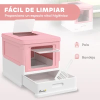PawHut Arenero Cubierto para Gatos Desmontable con Entrada Frontal y Salida Superior con Pala 47,5x35,5x36,7 cm Rosa y Blanco(m-4)