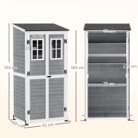 Outsunny Drewniany domek na narzędzia ogrodowe z 2 oknami, kotwami do gruntu, dachem z asfaltu, 91 x 69 x 192 cm, Sosna, Jasnoszary(m-3)