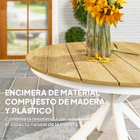 Outsunny Mesa de Jardín Redonda de Ø118x74cm con Encimera de Lamas Estructura de Aluminio y Patas Cruzadas Teca y Blanco(m-6)